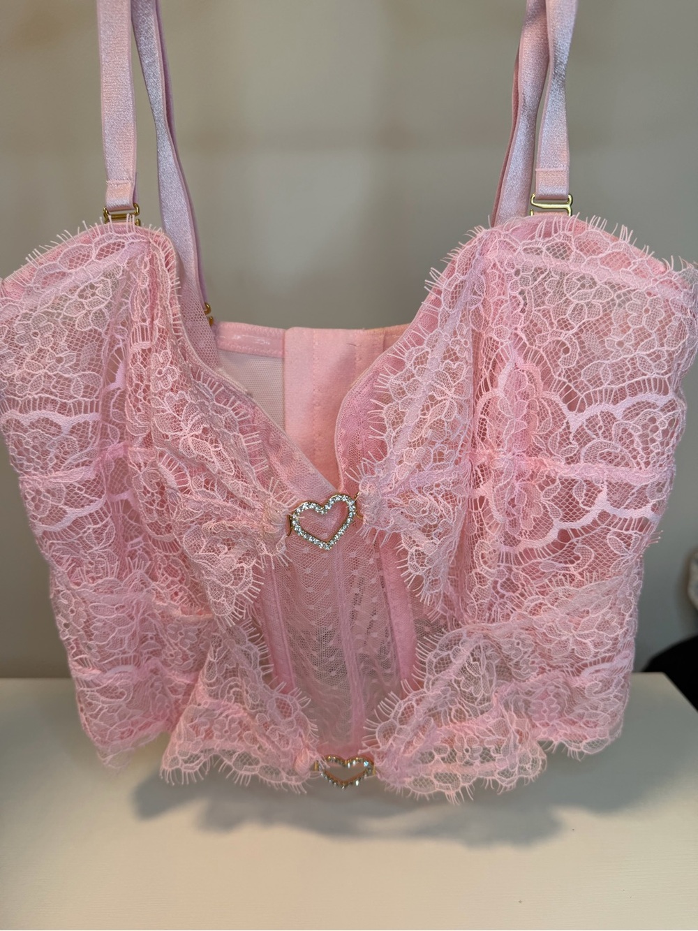 Victoria's Secret Pink Lace Heart-Embellished Bralette VALENTINES DAY corset 🩷🫶🏼